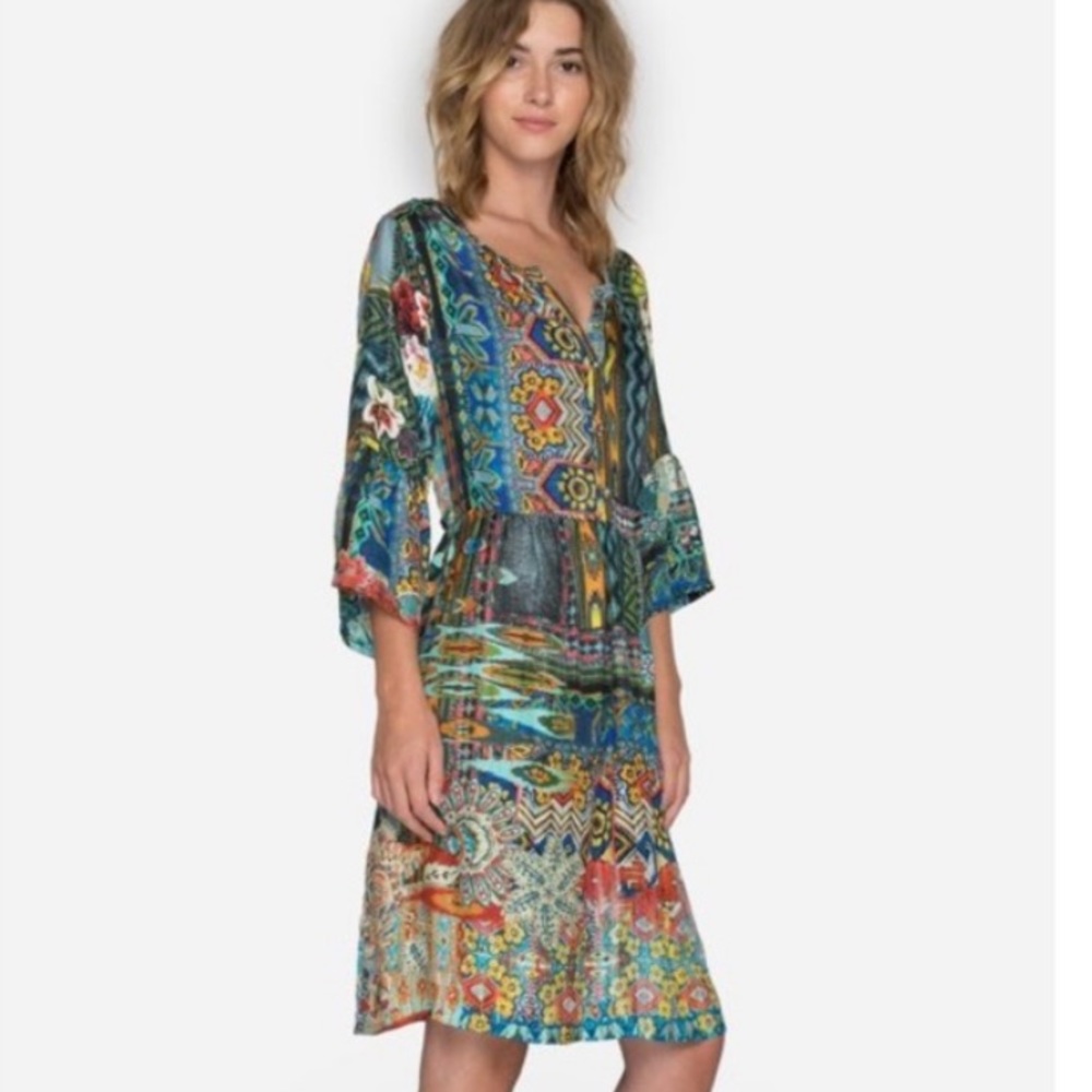 Johnny Was Green Blue Bell Sleeve Midi Dress